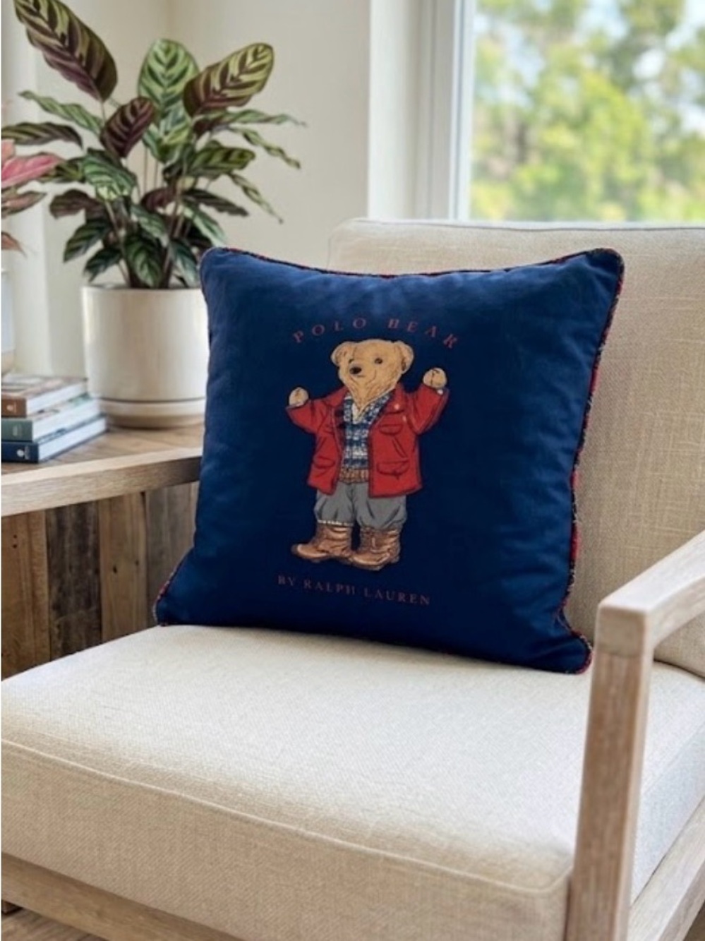 Ralph Lauren Navy 20” Goose Down Pillow with Red-Jacket Polo Bear - Picture 5 of 5